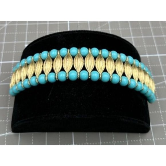 Crown Trifari Egyptian Revival Faux Turquoise and Gold Tone Oval Design
